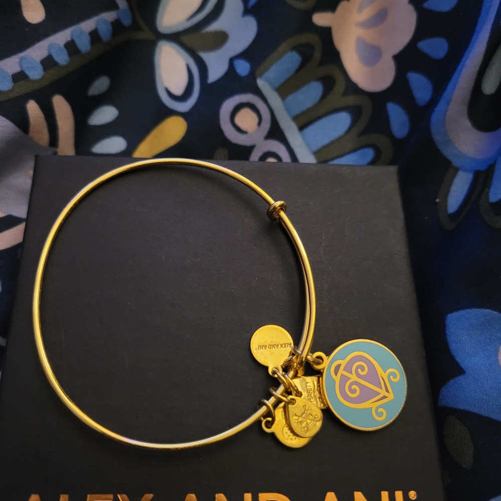 Alex and Ani Gold Bracelet with Blue and Gold Charm
